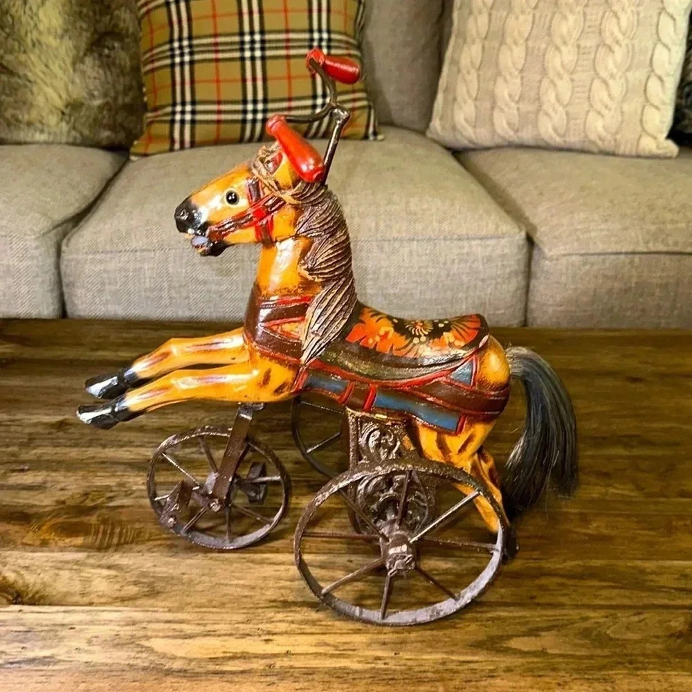 Antique/Vintage Wooden Horse Tricycle Decorative Accent Beautiful Iron Wheels - Picture 4 of 17
